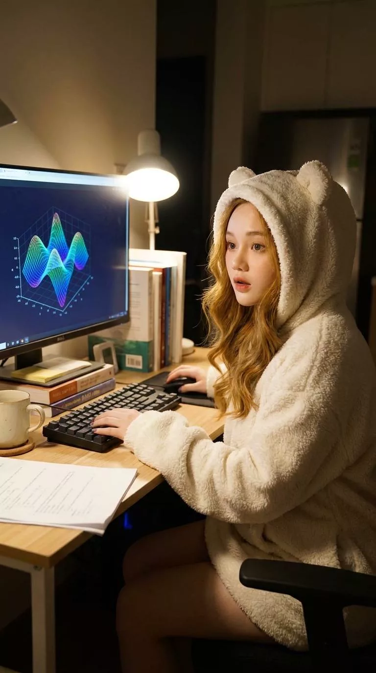 Người phụ nữ ngồi trước màn hình máy tính với biểu đồ dữ liệu, hai mươi sáu năm sau