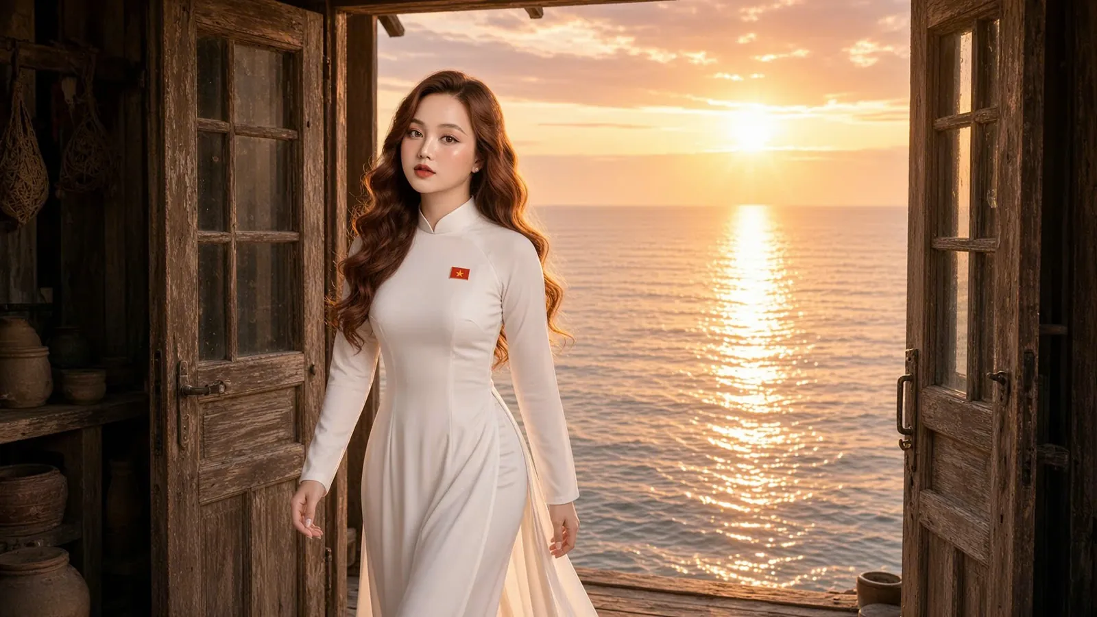 Hình đất sét: Hương trong áo dài trắng đứng ở khung cửa gỗ mở ra mặt biển lúc hoàng hôn, ánh nắng trải một vệt vàng trên nước