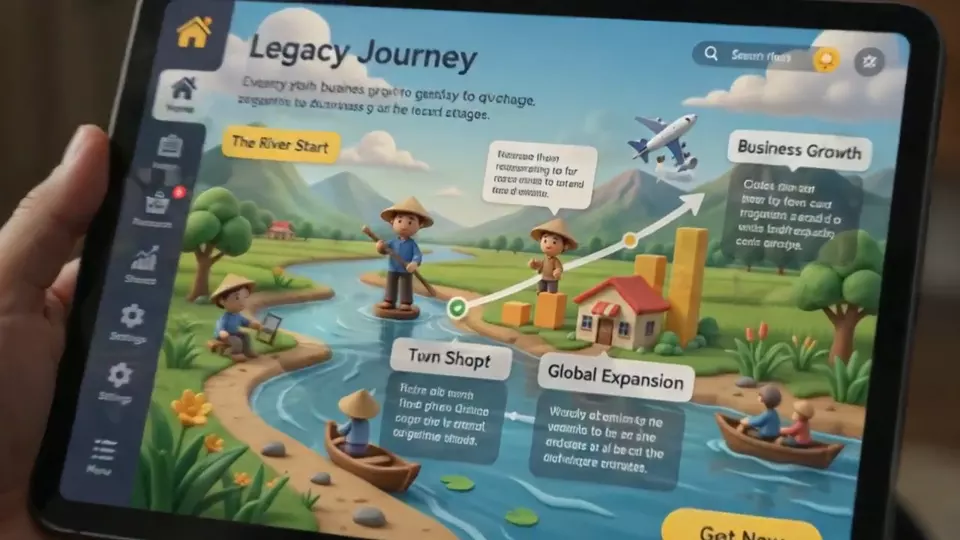 Clay-modelled opening of BizOn: a boy rowing a wooden boat on a Mekong branch at sunset