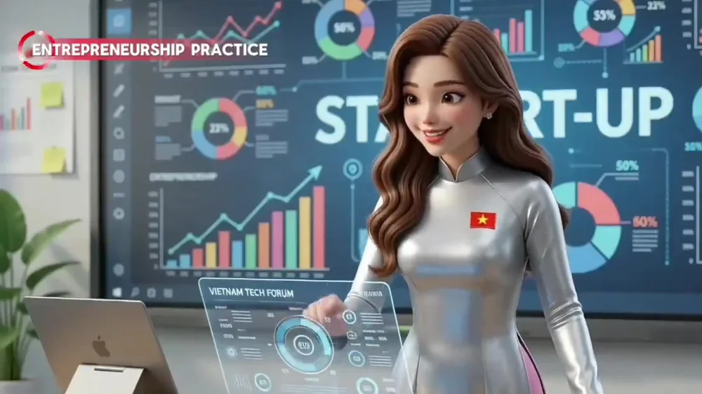 From the EnQuiz introduction: Do Thuy Huong in a silver ao dai at a holographic start-up dashboard in an entrepreneurship class