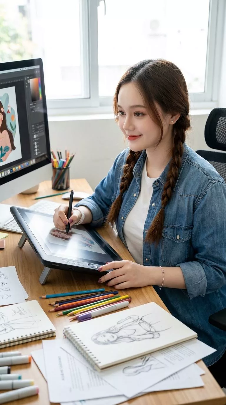 Người phụ nữ ngồi vẽ trên bảng vẽ điện tử, quanh bàn là bút chì màu và những trang phác thảo