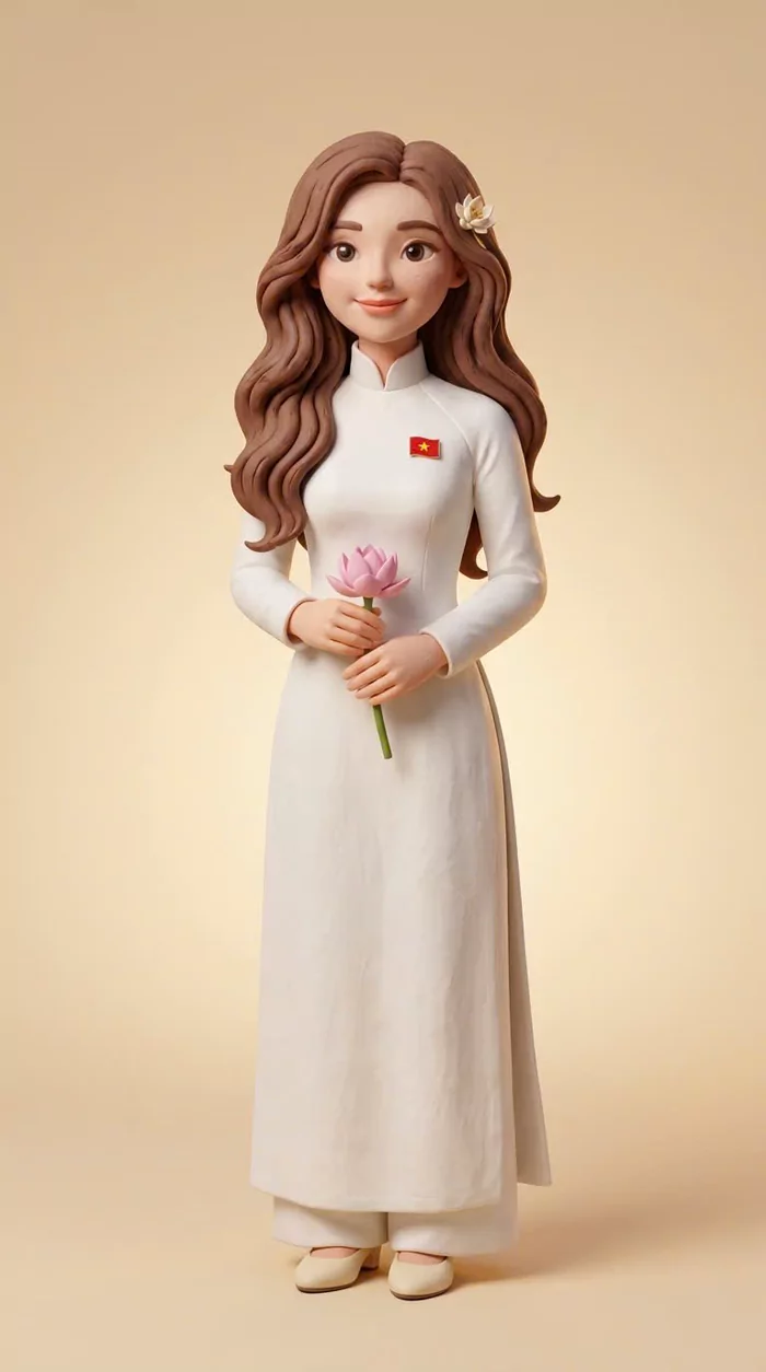 Huong AI in a white ao dai holding a pink lotus
