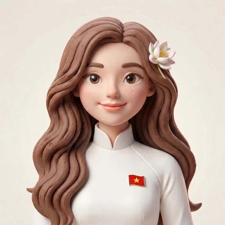 Clay-modelled portrait of Do Thuy Huong in a white ao dai with a lotus in her hair