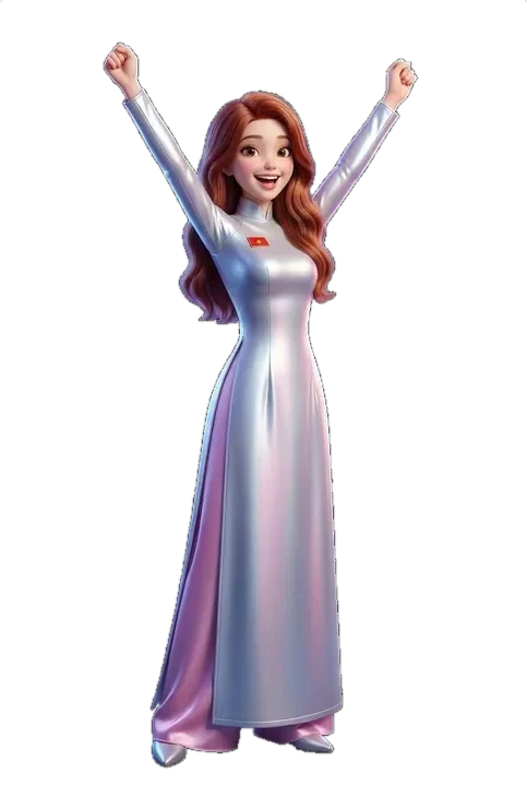Huong AI raising both arms enthusiastically