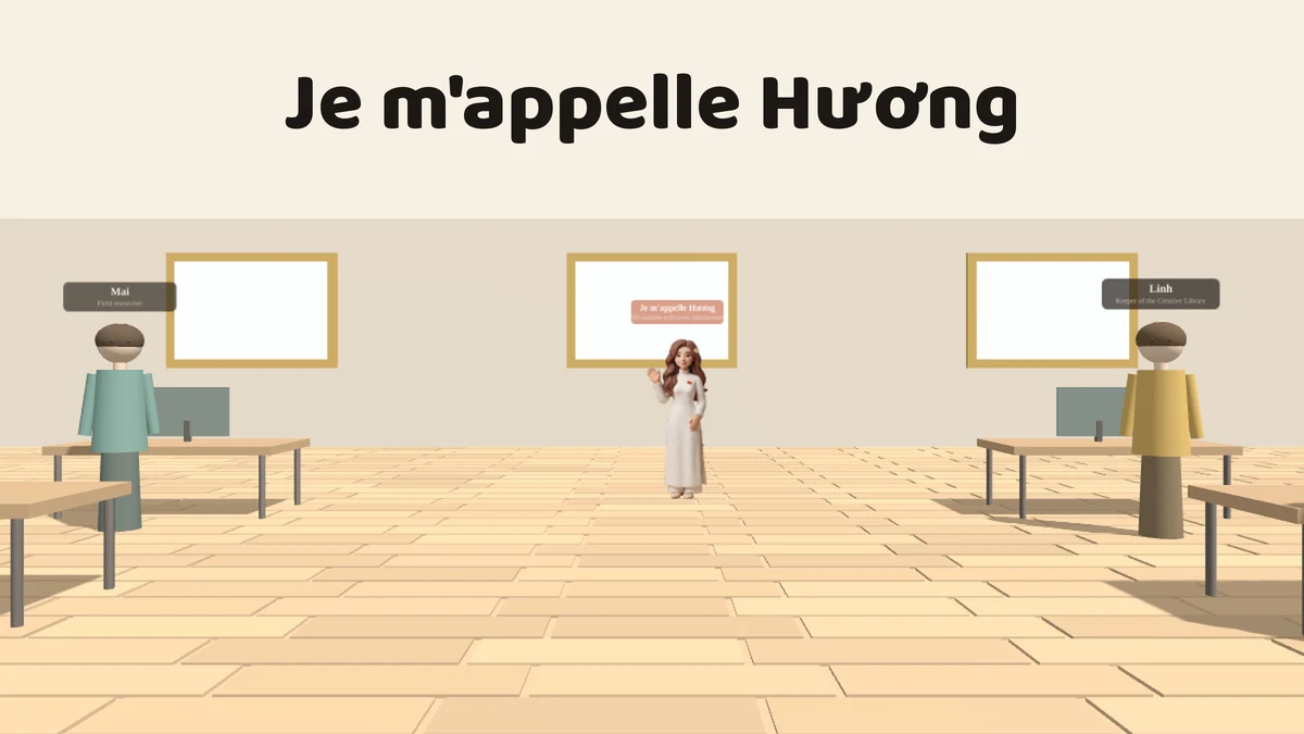 The 3D research office: a cream room with a wooden floor, Do Thuy Huong in a white ao dai holding a lotus at the centre, and two clay figures from the BizOn demo team at desks on either side