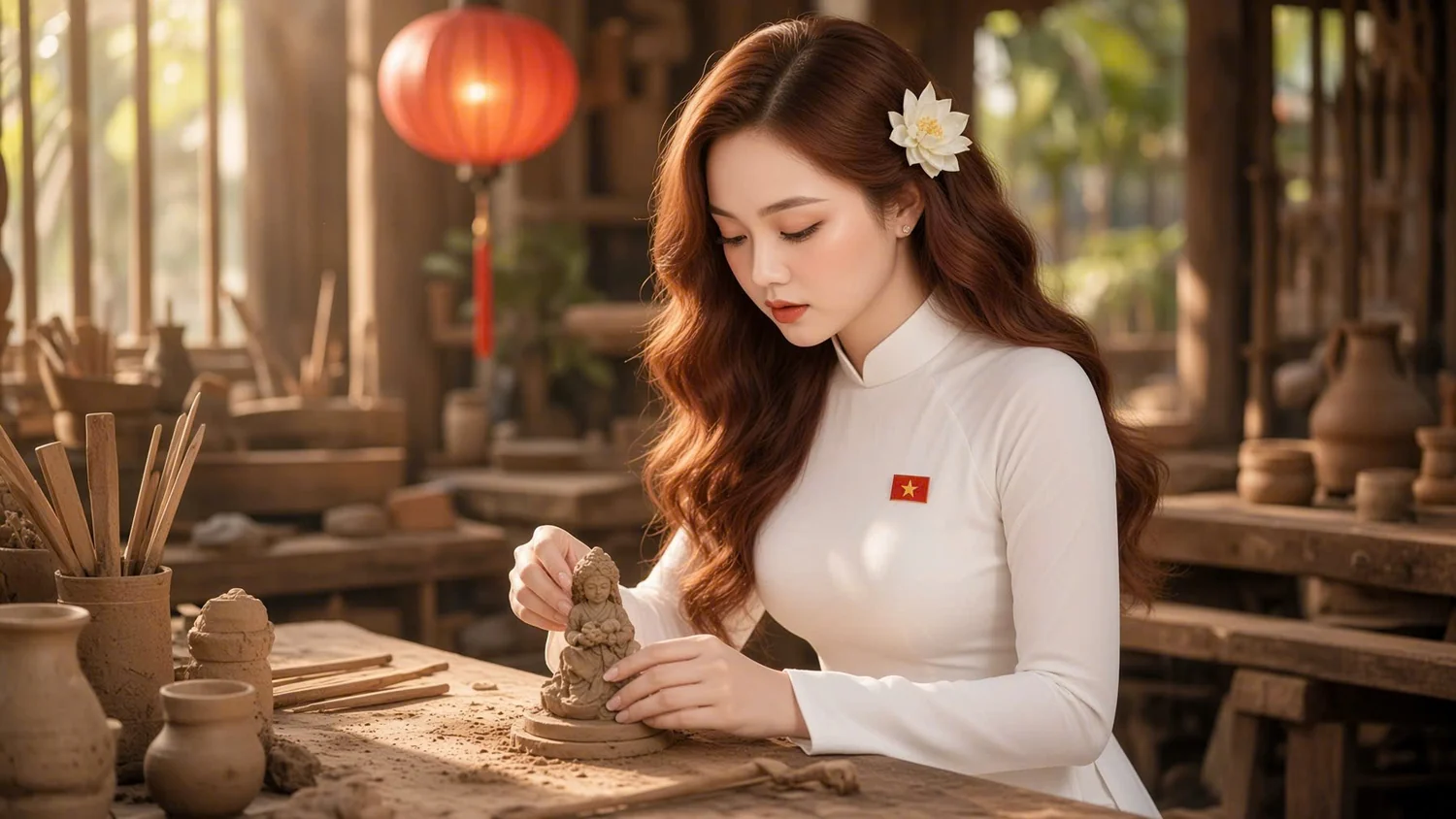 Hình đất sét: Hương trong áo dài trắng cúi xuống bàn gỗ, hai tay đang nặn một khối đất thành tượng nhỏ, quanh bàn là bút nặn và chum vại chưa nung